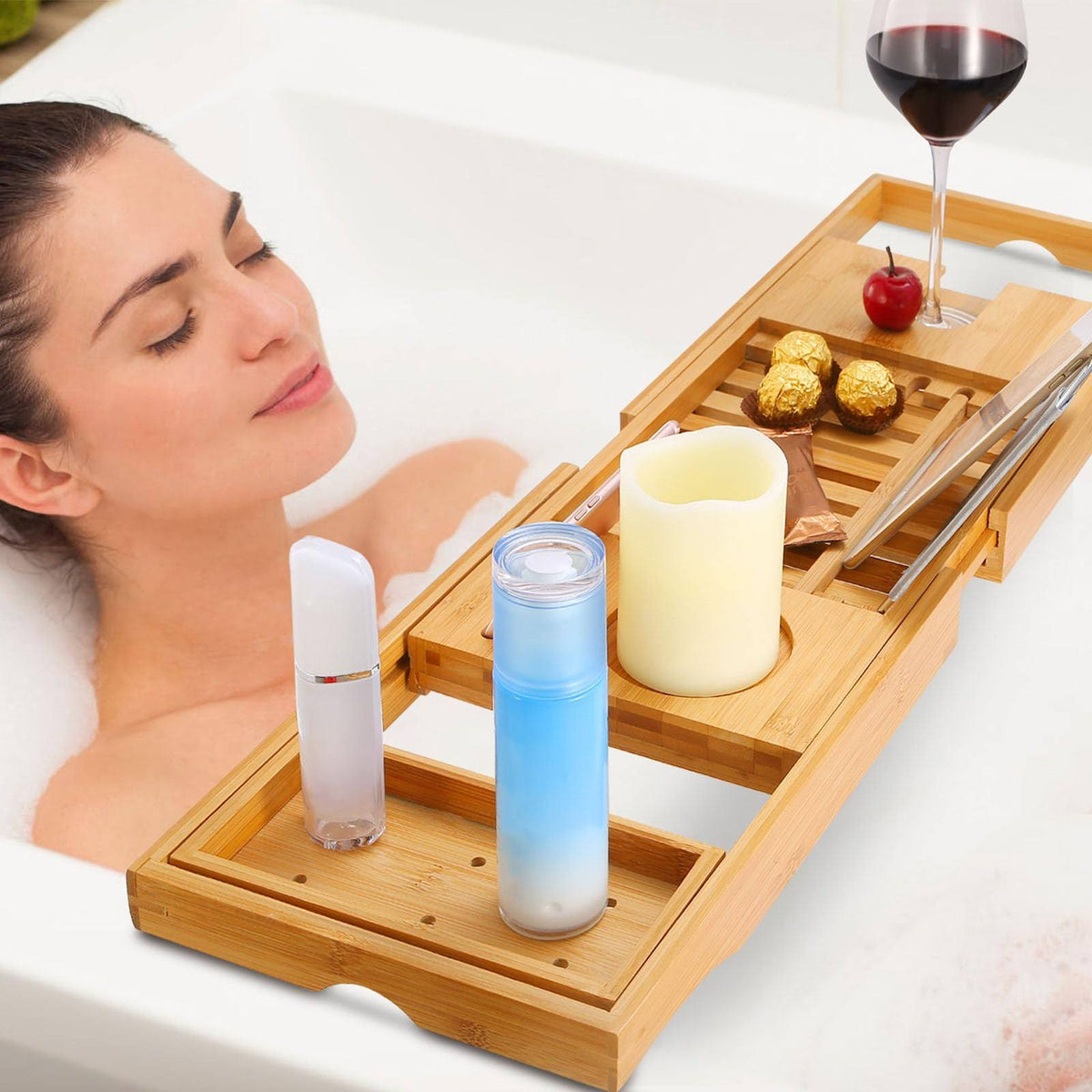 Bathtub Caddy Tray, Bamboo Bath Tray Table Extendable Reading Rack Tablet Phone Holder Wine Glass Holder - Product image 1