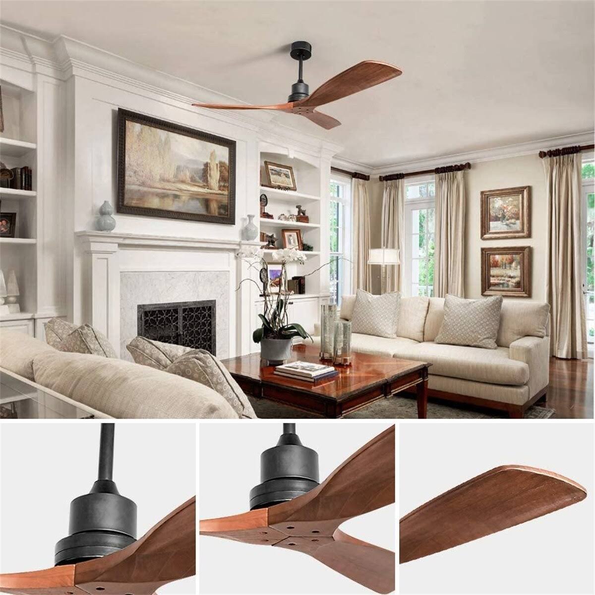 52" and 60" Noiseless Walnut Wood Ceiling Fan with Remote Control, Light Integrated Optional - 52 inch - Product image 1