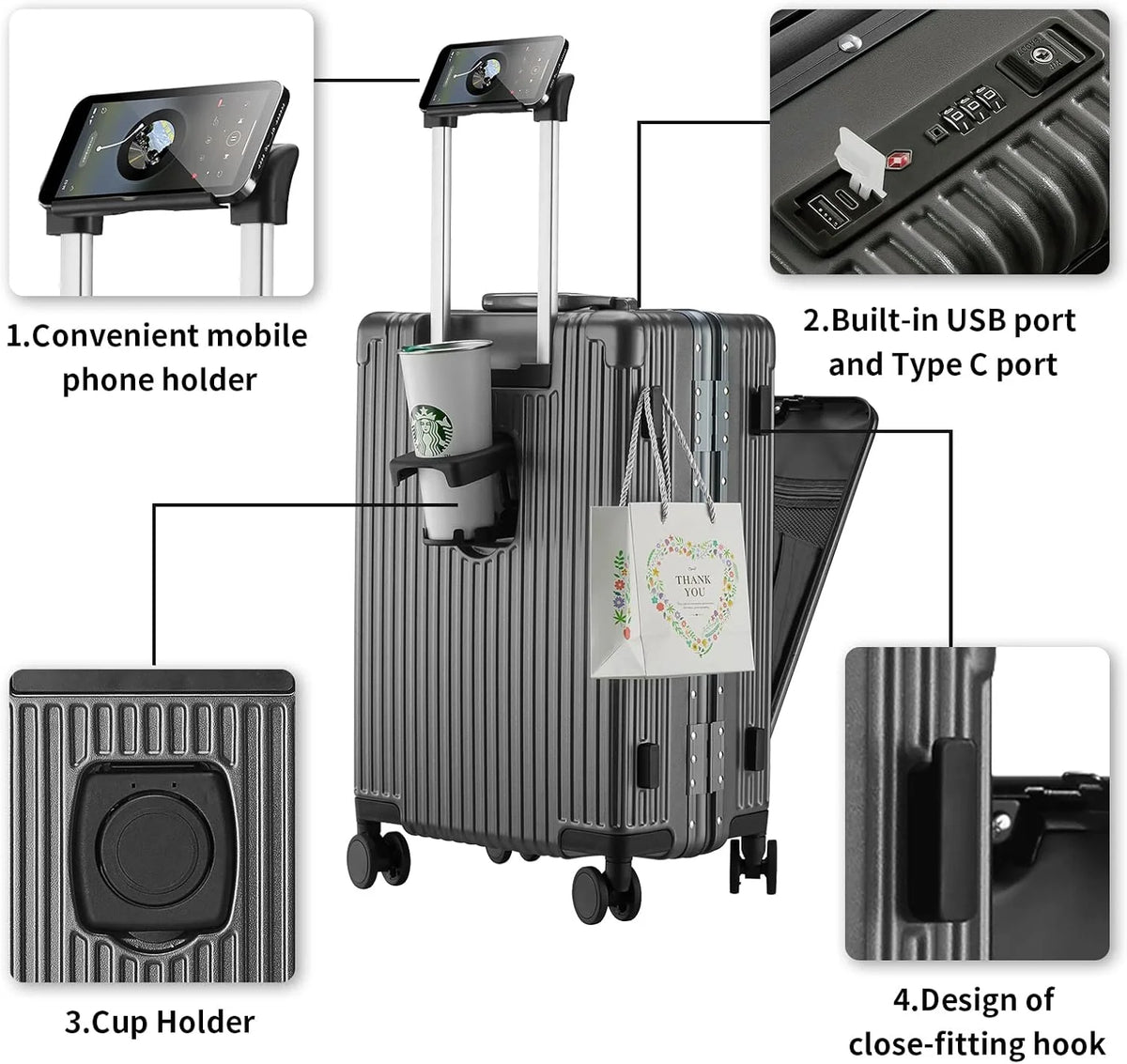 Carry - on Luggage with USB Charging Port, Front Compartment, TSA Lock - Product image 4