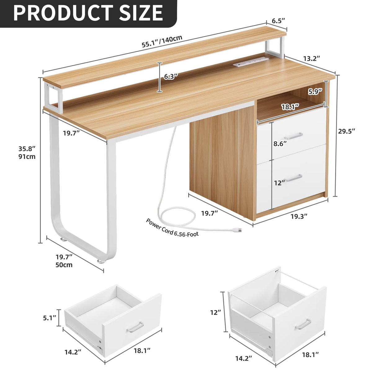 Dextrus 47 in Computer Desk with Storage Drawers & LED Light, Office Desk with Monitor Stand & Power - Product image 25