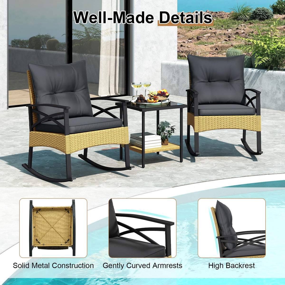 Tangkula 3 Pieces Outdoor Rocking Chairs Set for Garden - Product image 8