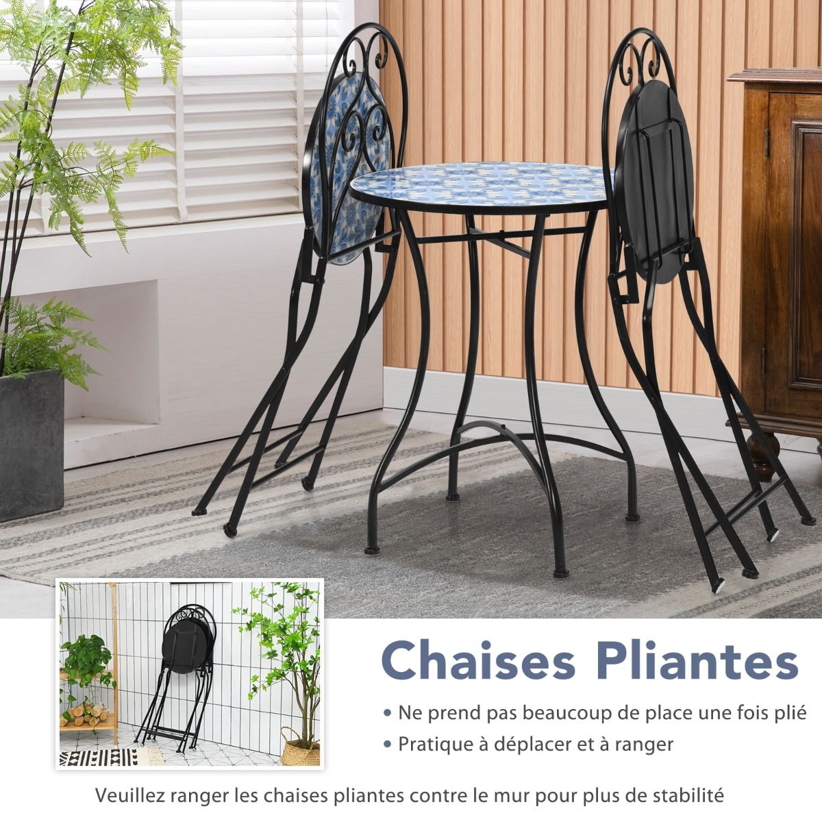 Set of Table and 2 Folding Bistro Chairs for 2 People Design Mosaic Tiles Glued on Cement for Terrace -