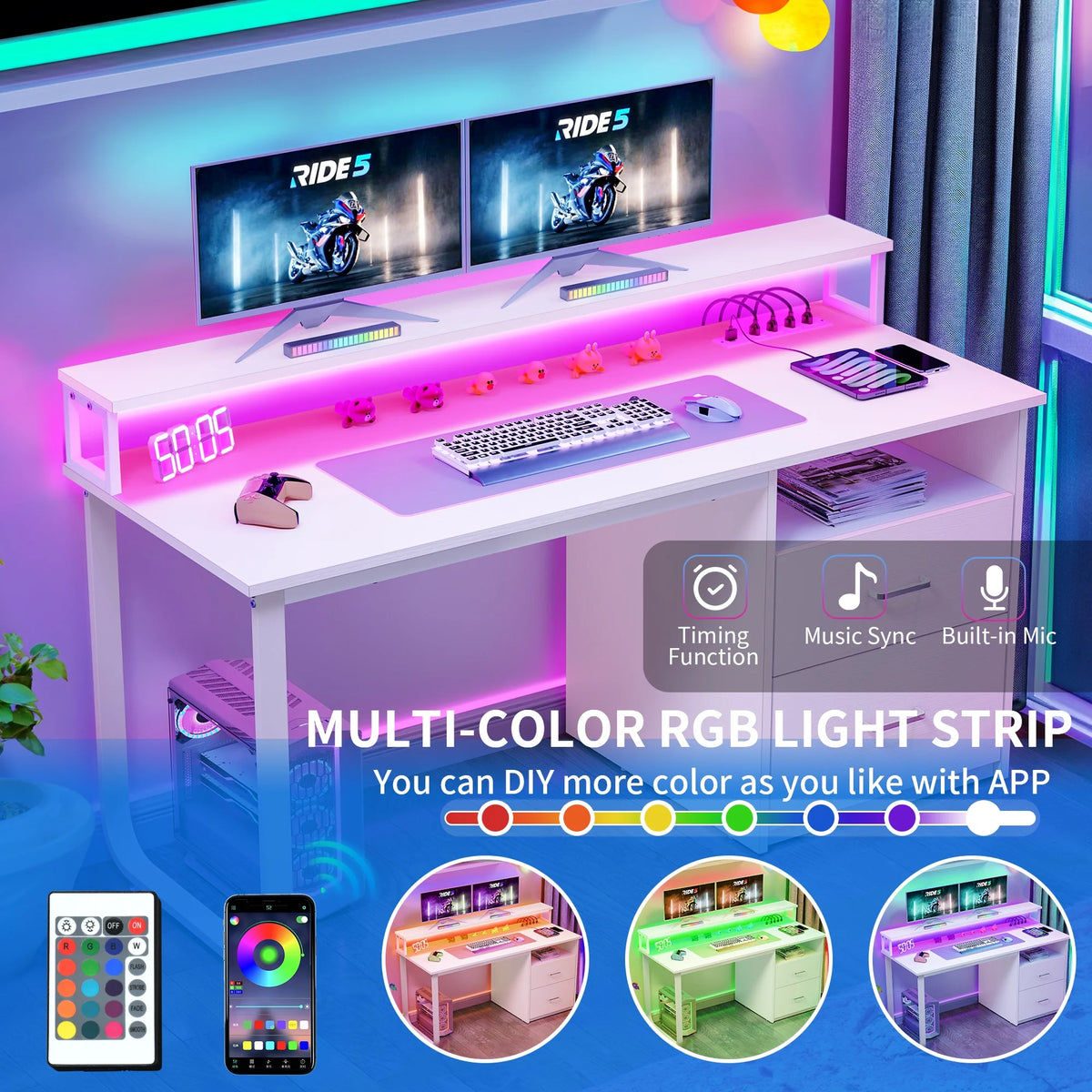 Dextrus 47 in Computer Desk with Storage Drawers & LED Light, Office Desk with Monitor Stand & Power - Product image 17