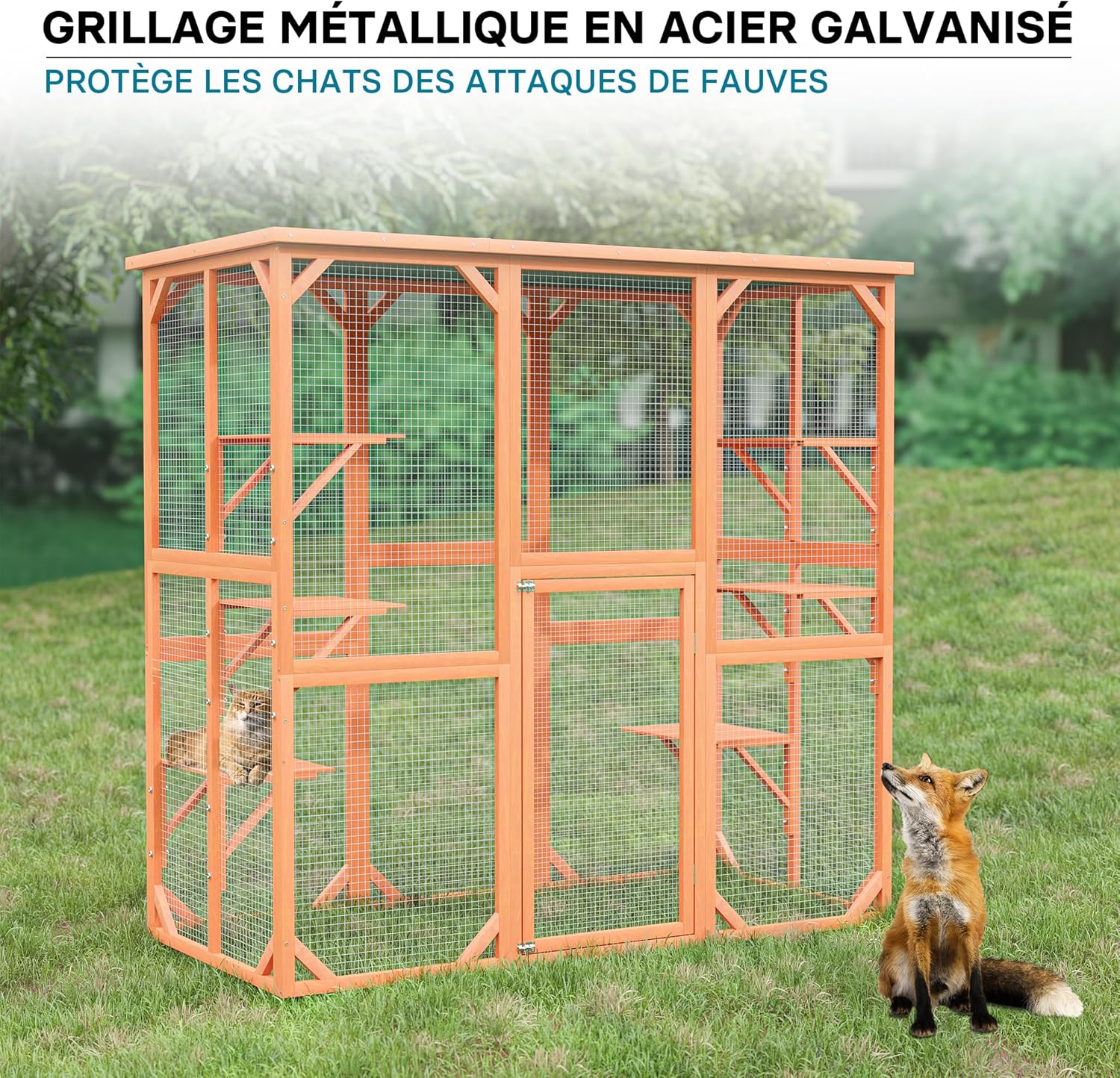 Wiltec Outdoor enclosure – 168 x 82 x 166.5 cm – made of fir wood and with mesh – weather-resistant cat playpen – with 6 rest areas – felines