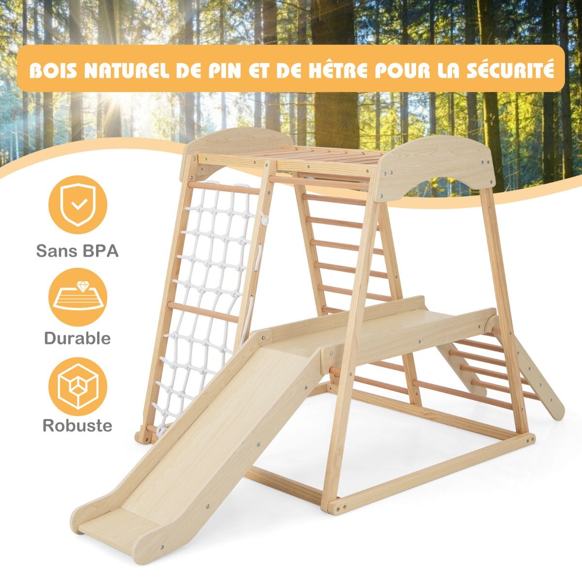 6 in 1 Wooden Climbing Triangle with Slide and Net Bar for Climbing, Crawling and Sliding 1 Year+ Colorful/Natural -