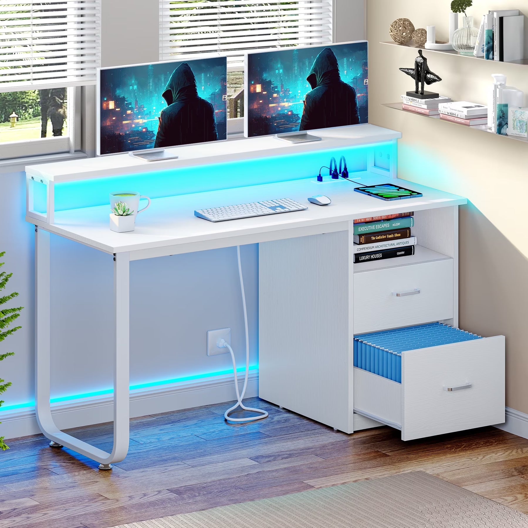 Dextrus 47 in Computer Desk with Storage Drawers & LED Light, Office Desk with Monitor Stand & Power - Product image 7