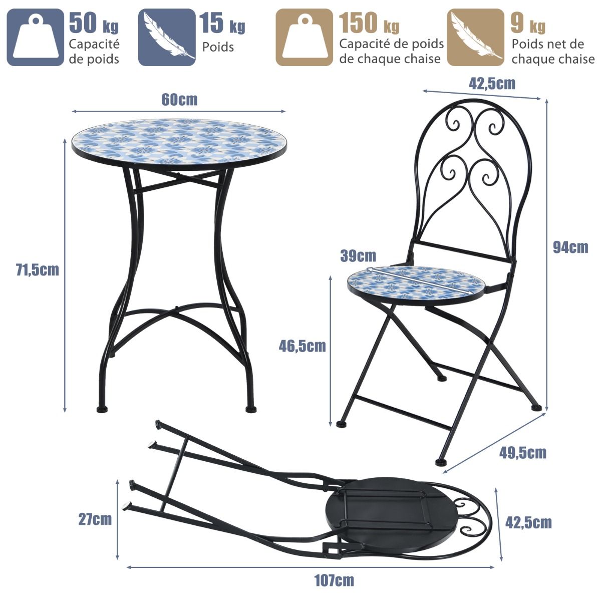 Set of Table and 2 Folding Bistro Chairs for 2 People Design Mosaic Tiles Glued on Cement for Terrace -