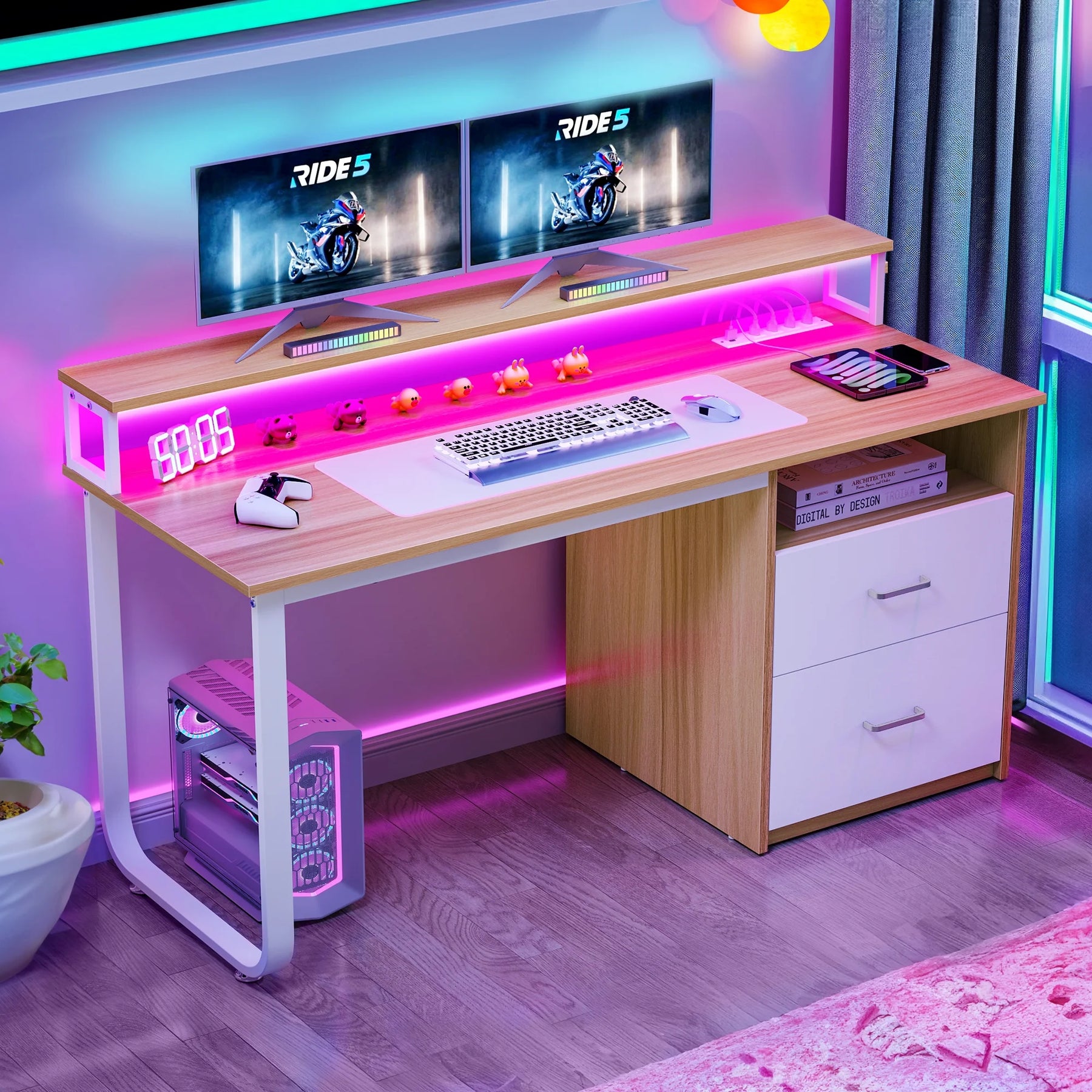 Dextrus 47 in Computer Desk with Storage Drawers & LED Light, Office Desk with Monitor Stand & Power - Product image 28