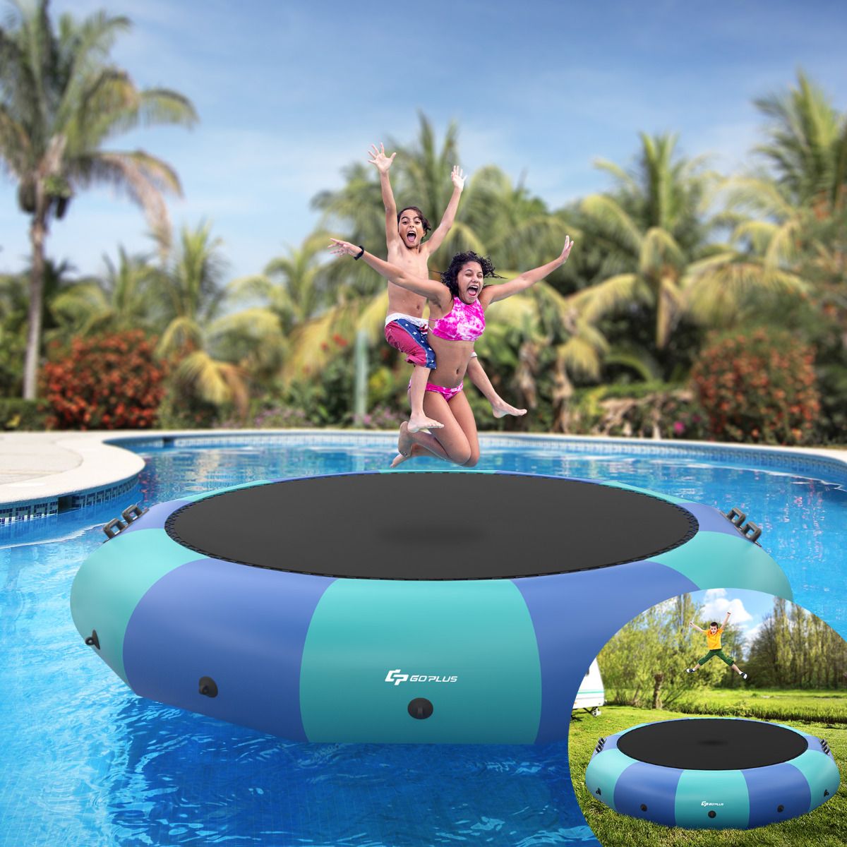 Inflatable Water Trampoline Dia.457cm Capacity of 150kg with Ladder Repair Kit and 500w Electric Inflator Blue -