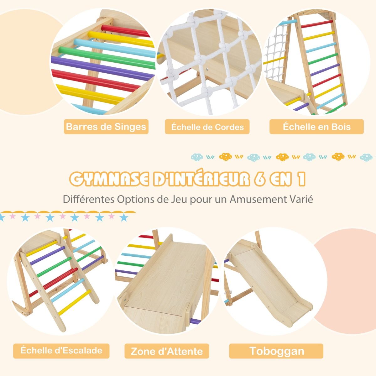 6 in 1 Wooden Climbing Triangle with Slide and Net Bar for Climbing, Crawling and Sliding 1 Year+ Colorful/Natural -
