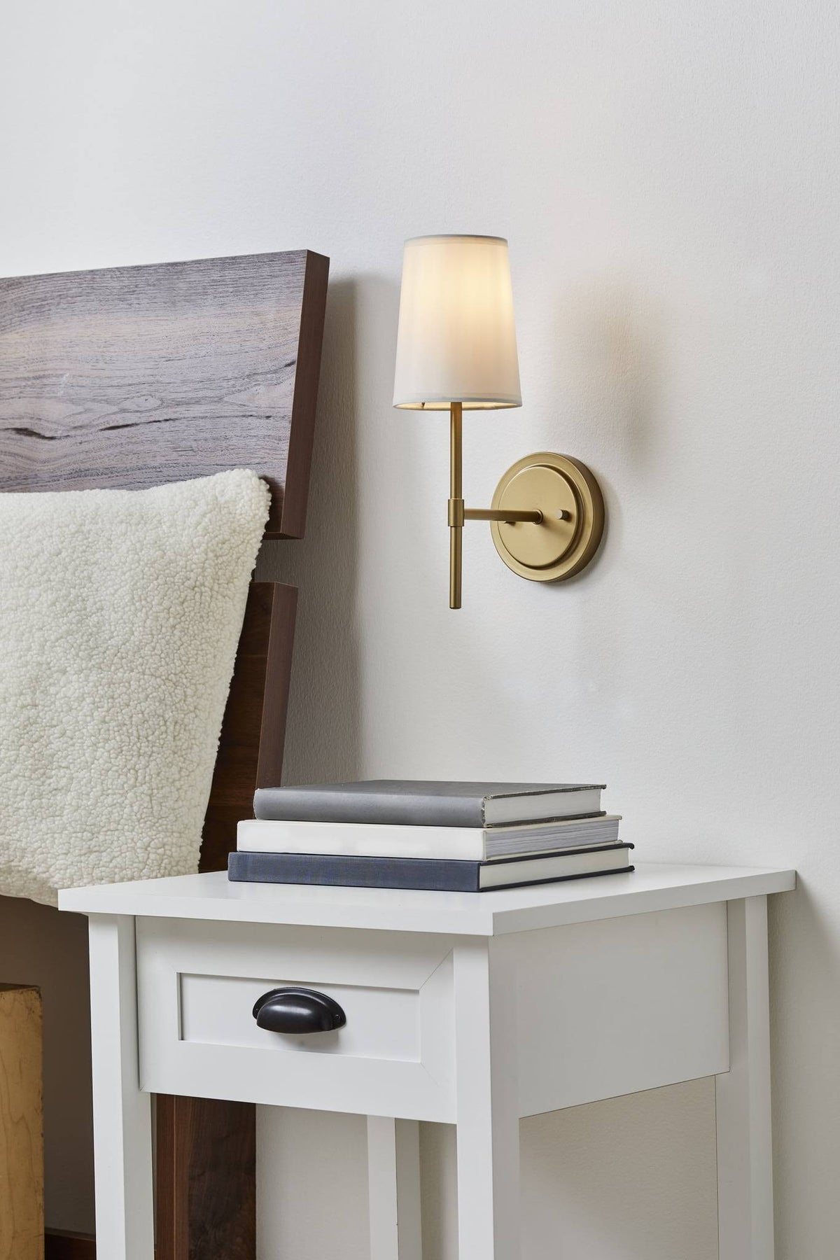 Better Homes & Gardens 1 Light Wall Sconce, Burnished Brass, White Fabric Shade, Bulb Not Included - Product image 1