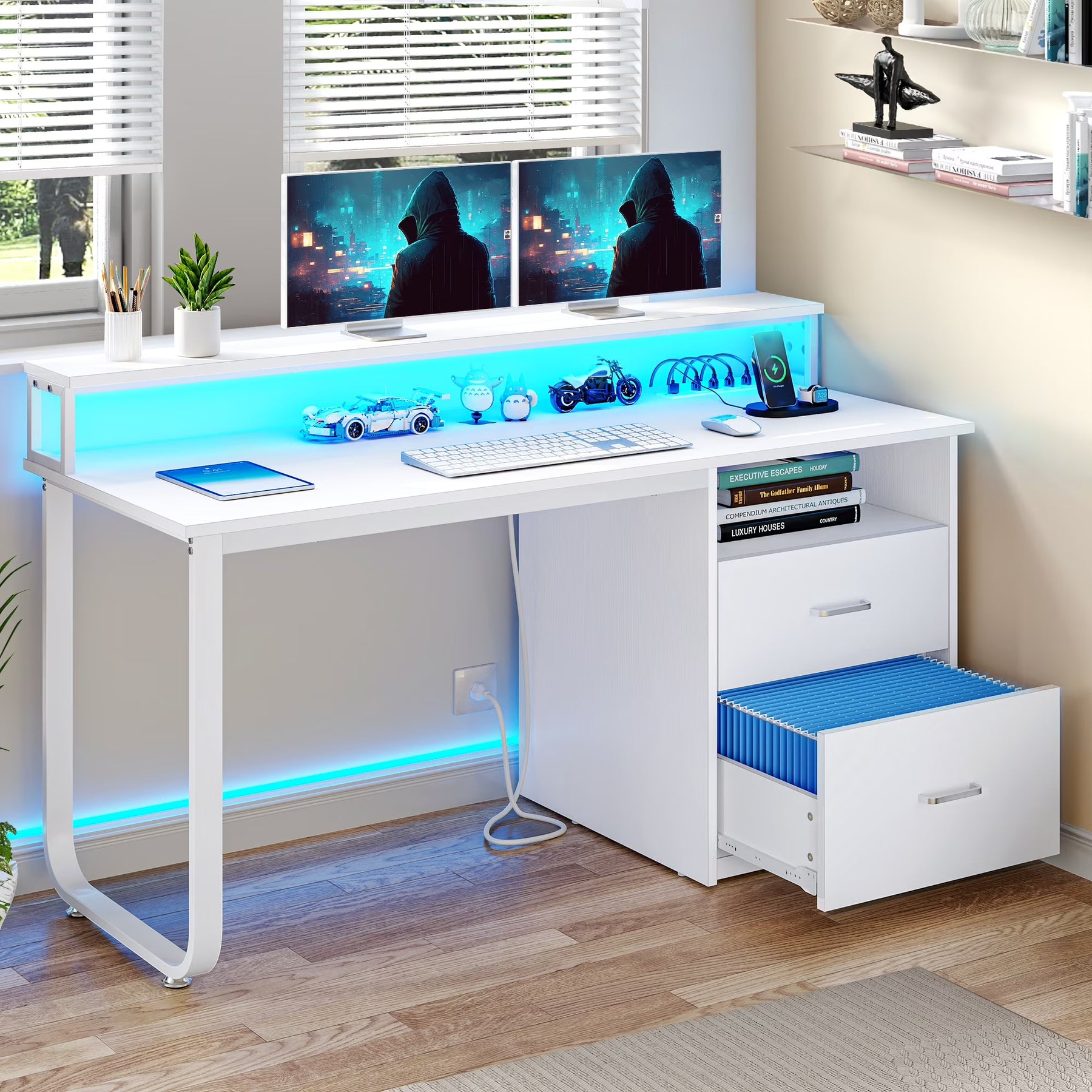 Dextrus 47 in Computer Desk with Storage Drawers & LED Light, Office Desk with Monitor Stand & Power - Product image 3