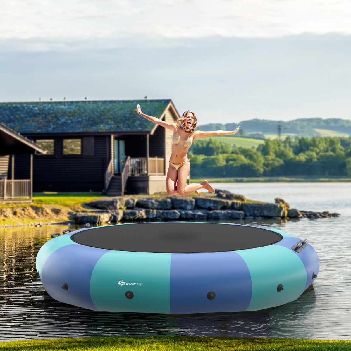 Inflatable Water Trampoline Dia.457cm Capacity of 150kg with Ladder Repair Kit and 500w Electric Inflator Blue -