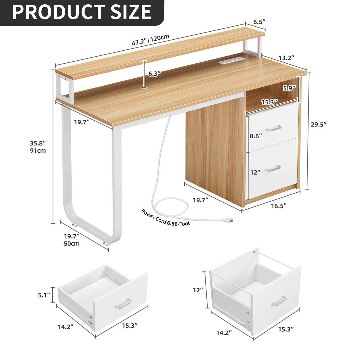 Dextrus 47 in Computer Desk with Storage Drawers & LED Light, Office Desk with Monitor Stand & Power - Product image 11