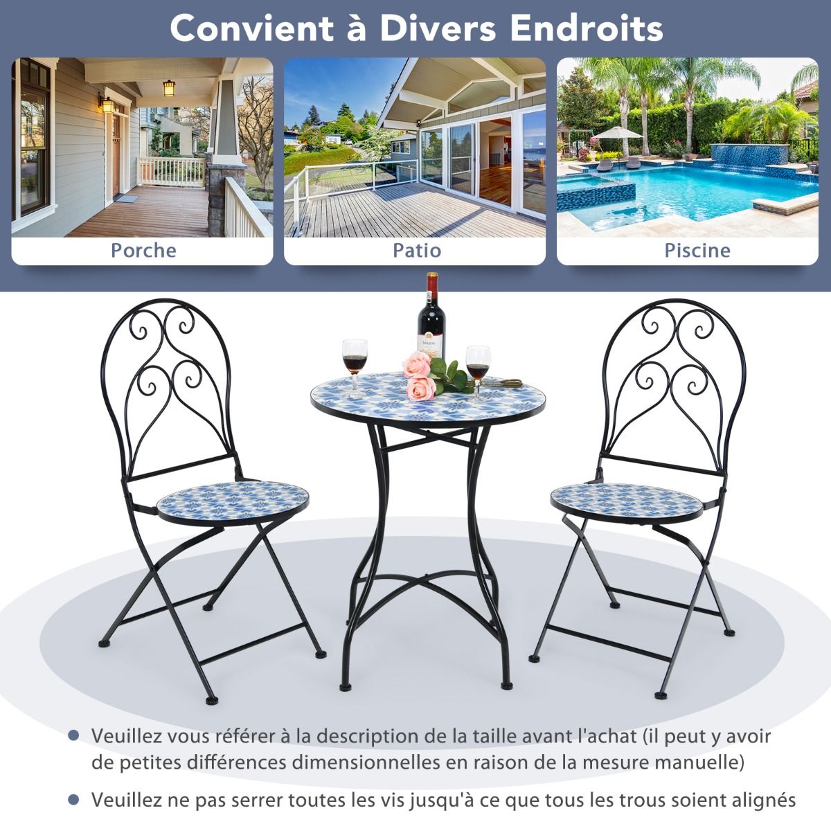 Set of Table and 2 Folding Bistro Chairs for 2 People Design Mosaic Tiles Glued on Cement for Terrace -