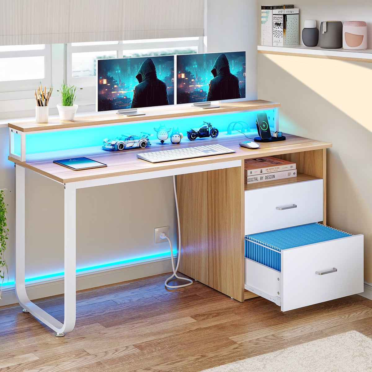 Dextrus 47 in Computer Desk with Storage Drawers & LED Light, Office Desk with Monitor Stand & Power - Product image 5