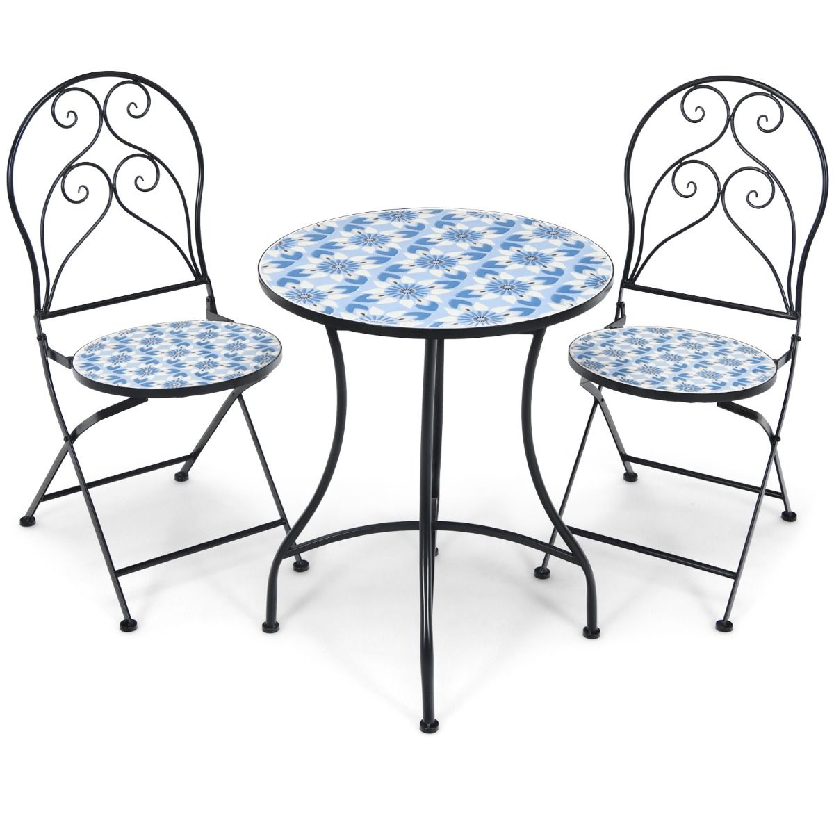 Set of Table and 2 Folding Bistro Chairs for 2 People Design Mosaic Tiles Glued on Cement for Terrace -