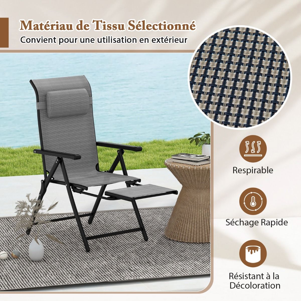 Set of 2 Folding and Reclining Lounge Chairs Adjustable Backrests and Armrests at 10 Levels Retractable Footrest Capacity 150 Kg Gray -