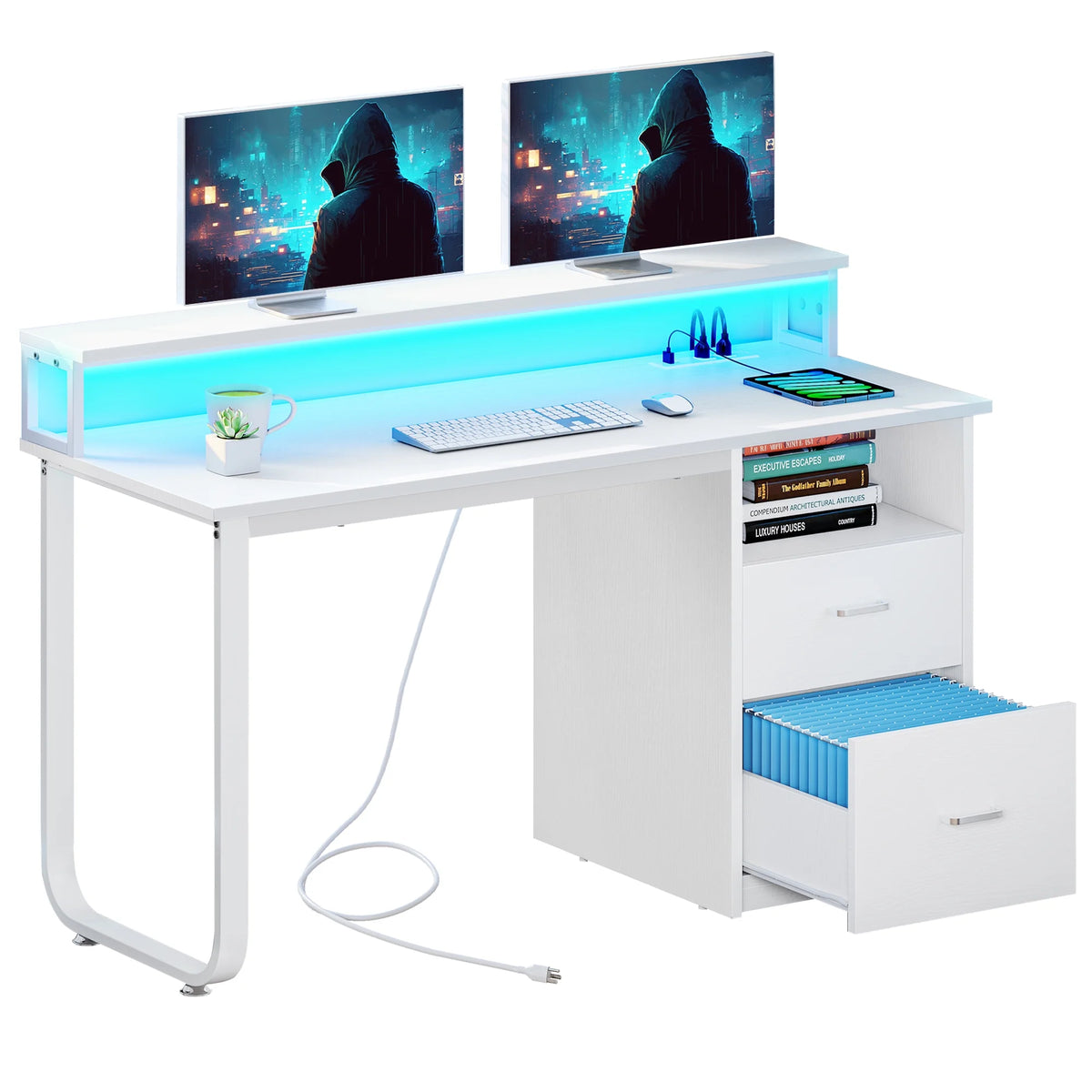 Dextrus 47 in Computer Desk with Storage Drawers & LED Light, Office Desk with Monitor Stand & Power - Product image 31