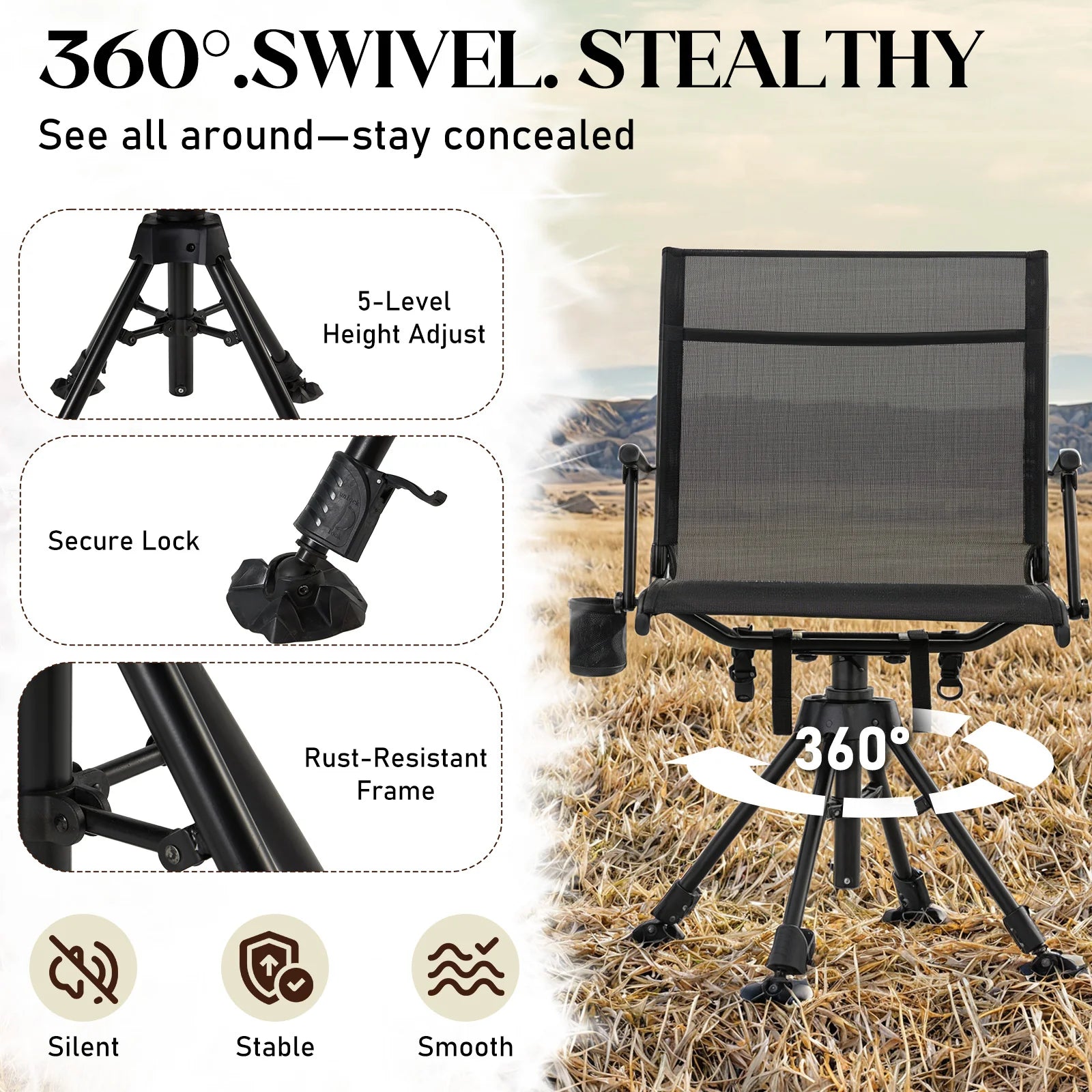 AECOJOY No Cushion Hunting Chair, Durable Metal Frame, Silent Swivel for Outdoor Shooting & Fishing - Product image 4
