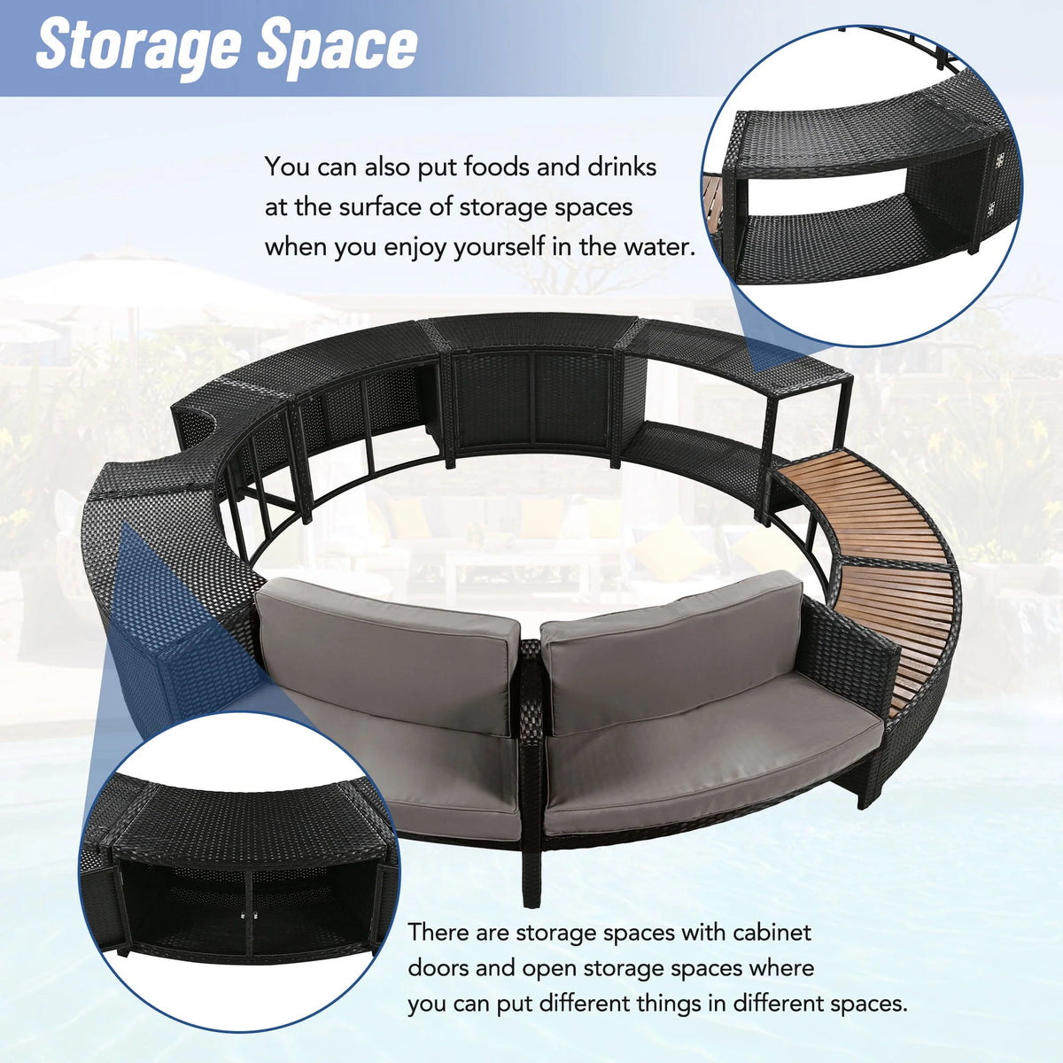Round Hot Tub Surround Furniture, Spa Surround Outdoor Rattan Sectional Sofa Set with Mini Sofa - Product image 4
