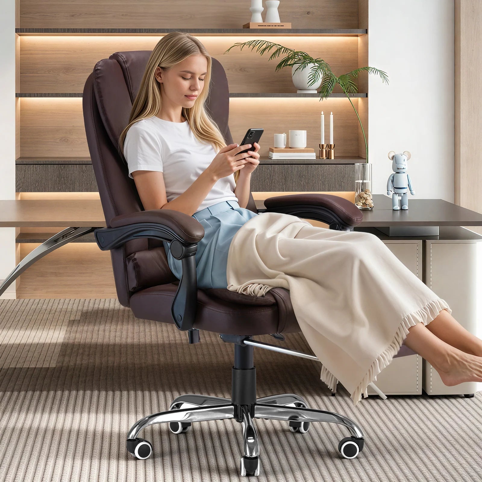 AECOJOY Office Chair with 7 Points Vibration Massage&Heat Functions, Brown Leather with Footrest - Product image 2