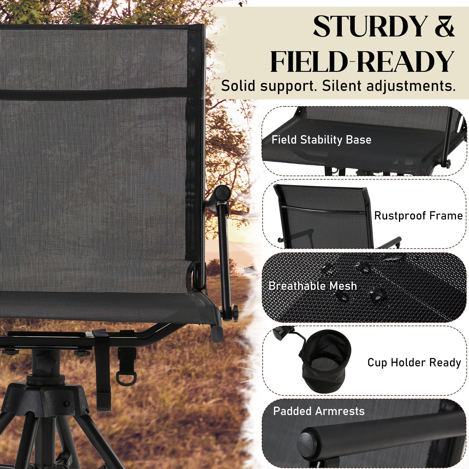AECOJOY No Cushion Hunting Chair, Durable Metal Frame, Silent Swivel for Outdoor Shooting & Fishing - Product image 5