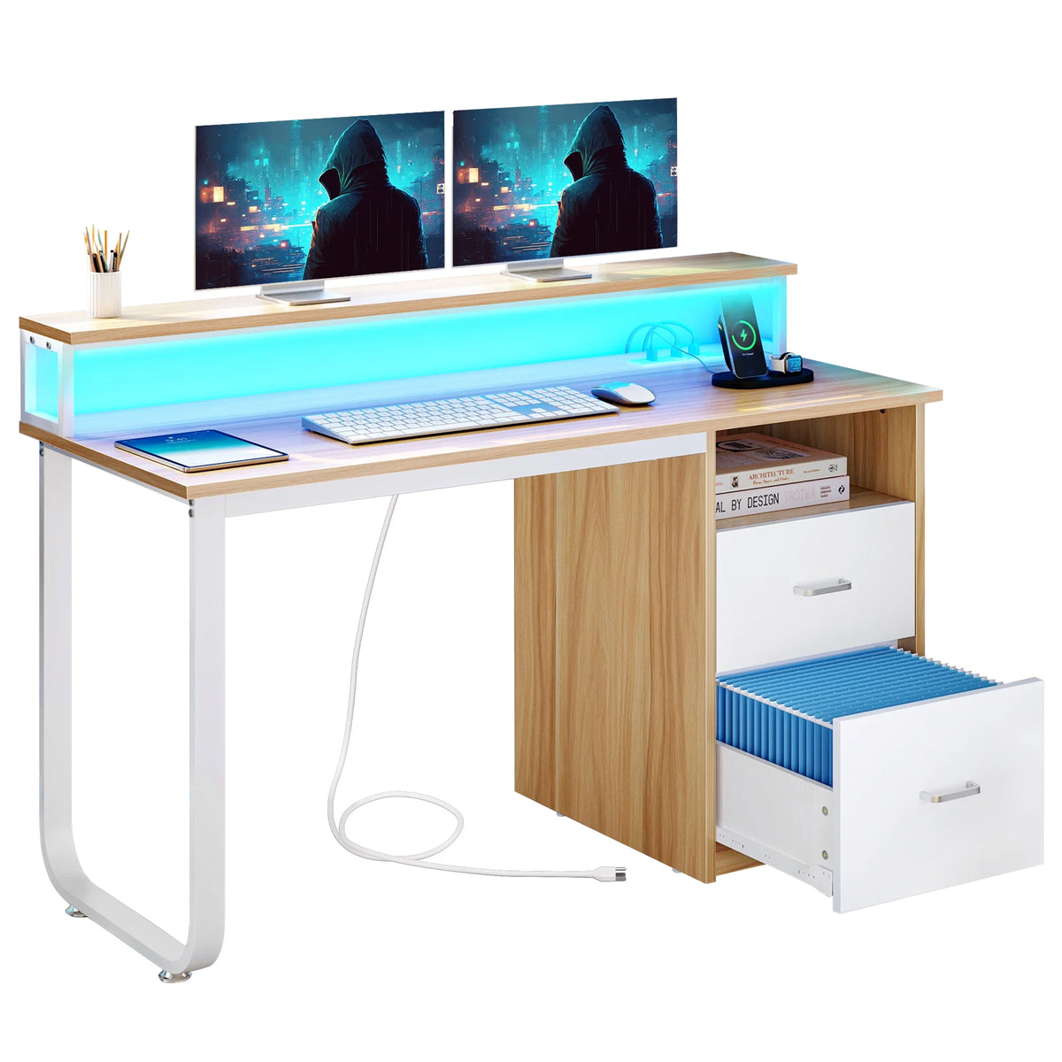 Dextrus 47 in Computer Desk with Storage Drawers & LED Light, Office Desk with Monitor Stand & Power - Product image 2