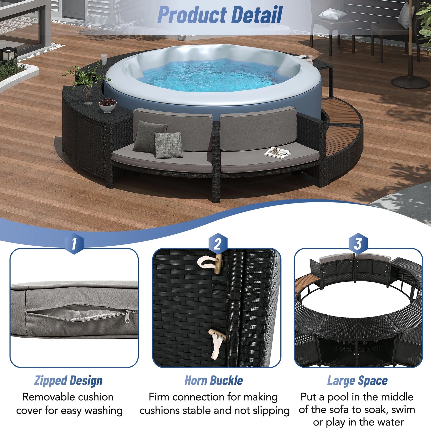 Round Hot Tub Surround Furniture, Spa Surround Outdoor Rattan Sectional Sofa Set with Mini Sofa - Product image 6