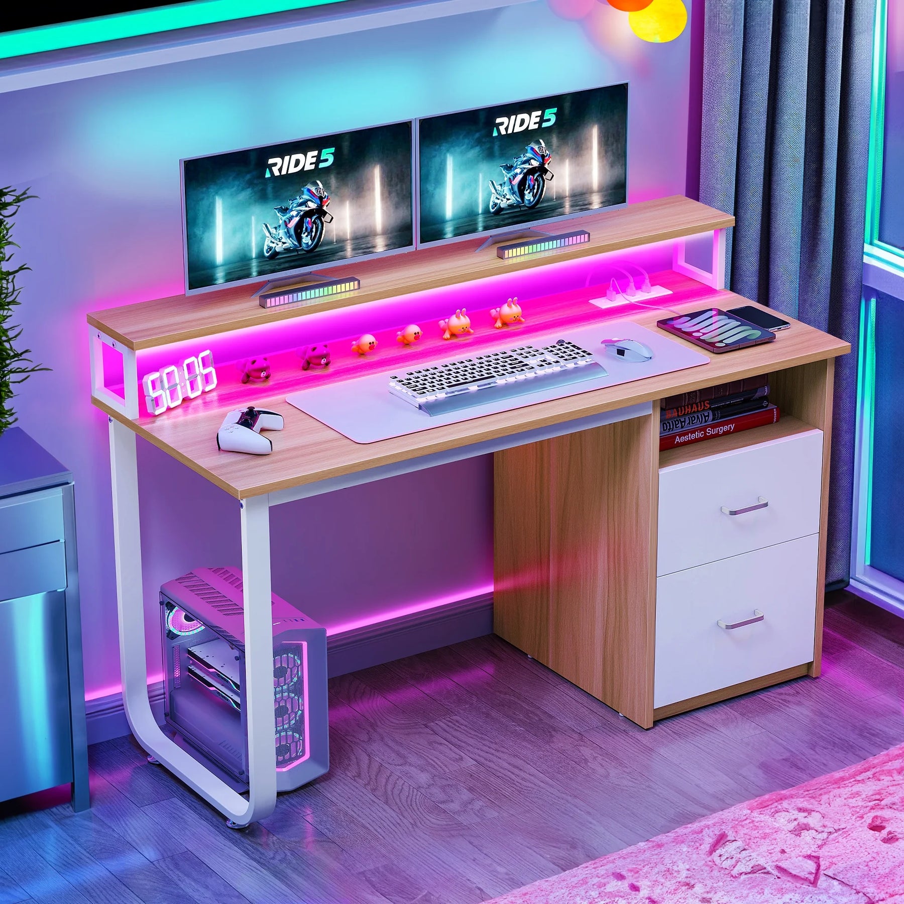 Dextrus 47 in Computer Desk with Storage Drawers & LED Light, Office Desk with Monitor Stand & Power - Product image 10