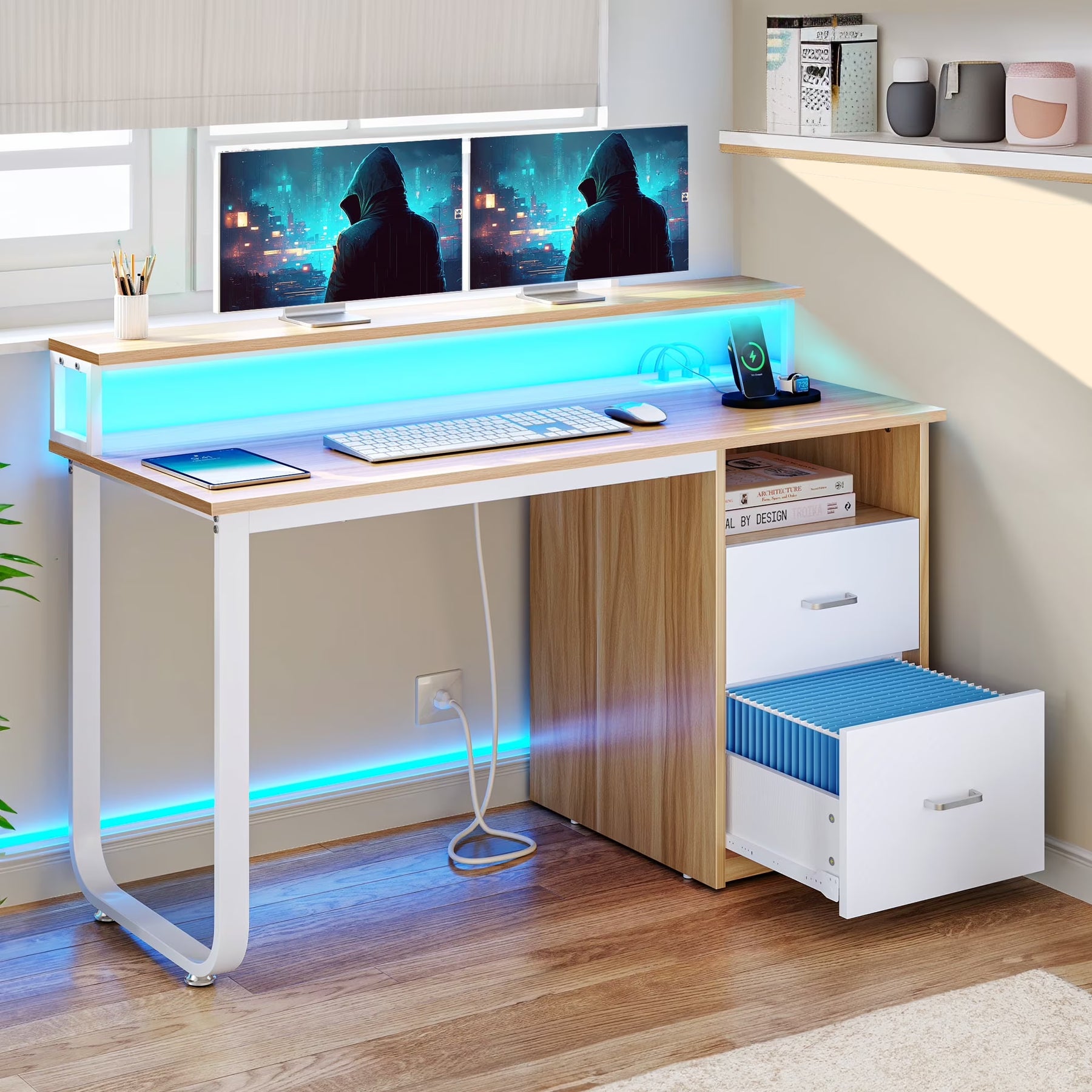 Dextrus 47 in Computer Desk with Storage Drawers & LED Light, Office Desk with Monitor Stand & Power - Product image 1