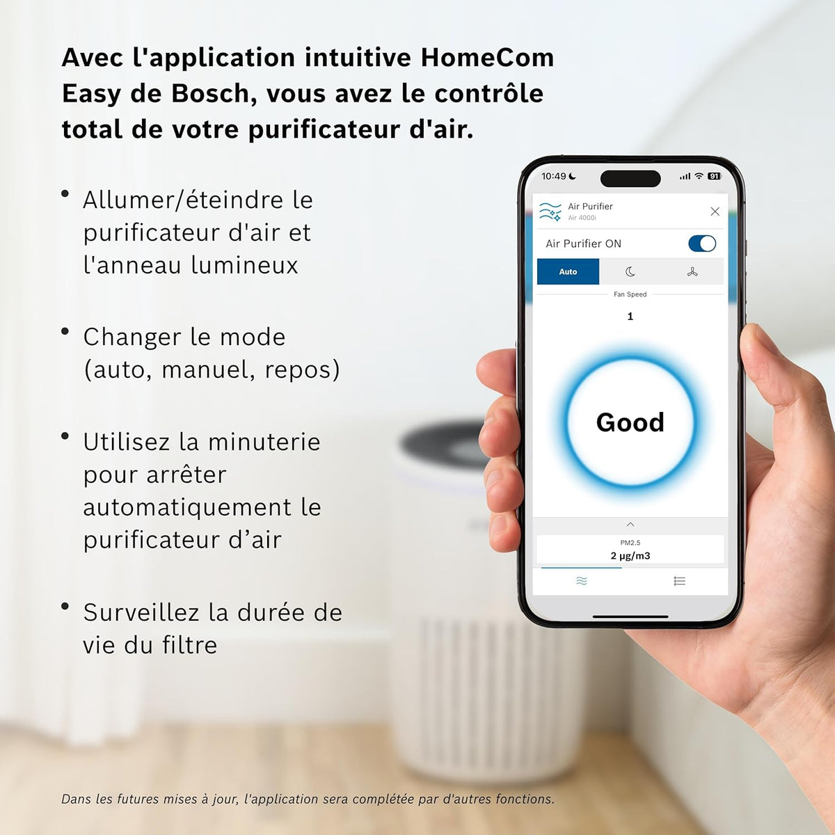 Bosch Air 4000i - Smart air purifier - Covers 62.5 m² - Effectively filters more than 99% of pollutants - Auto/Sleep mode (< 25 dB(A)) - CADR: 300 m³/h - Connectivity with screen and app