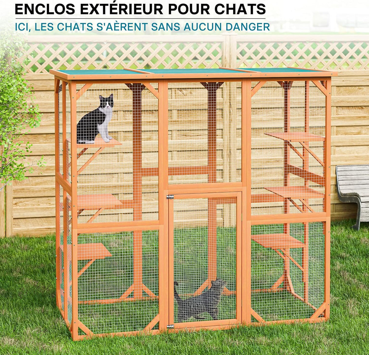 Wiltec Outdoor enclosure – 168 x 82 x 166.5 cm – made of fir wood and with mesh – weather-resistant cat playpen – with 6 rest areas – felines