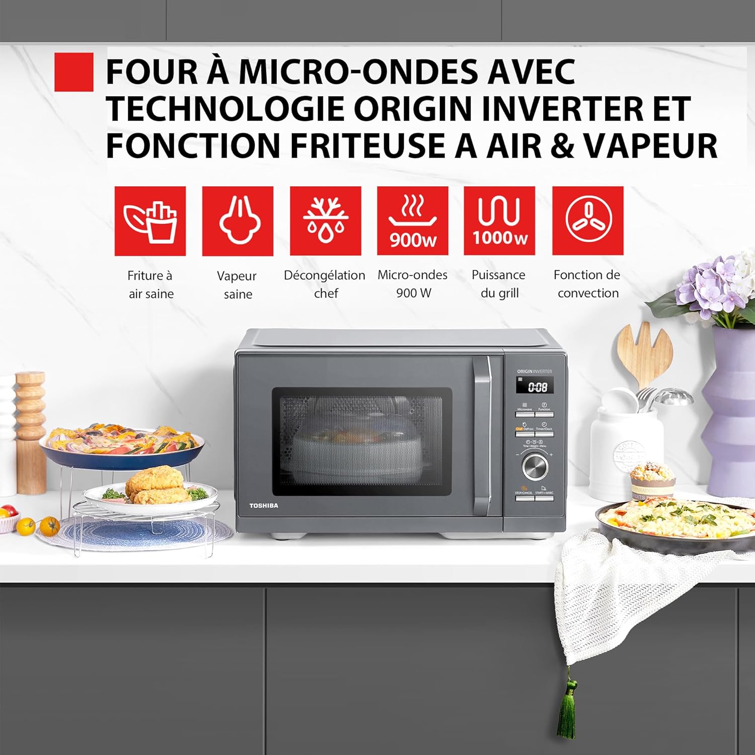 Toshiba MW3-AC26PFI(MG) 26L Combination Hot Air Microwave Oven, 6-in-1 900W with Steam Cooker in Morandi Gray, 6 Programs 10 Power Levels, 10 Automatic Menus