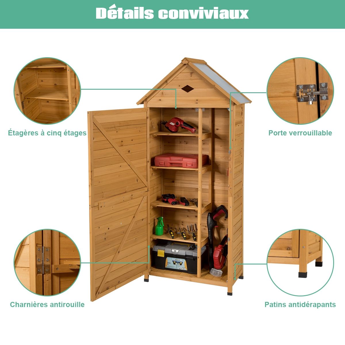 Outdoor Garden Shed with 5 Shelves Lockable Cabin in Fir Wood with Galvanized Sheet Metal Roof -