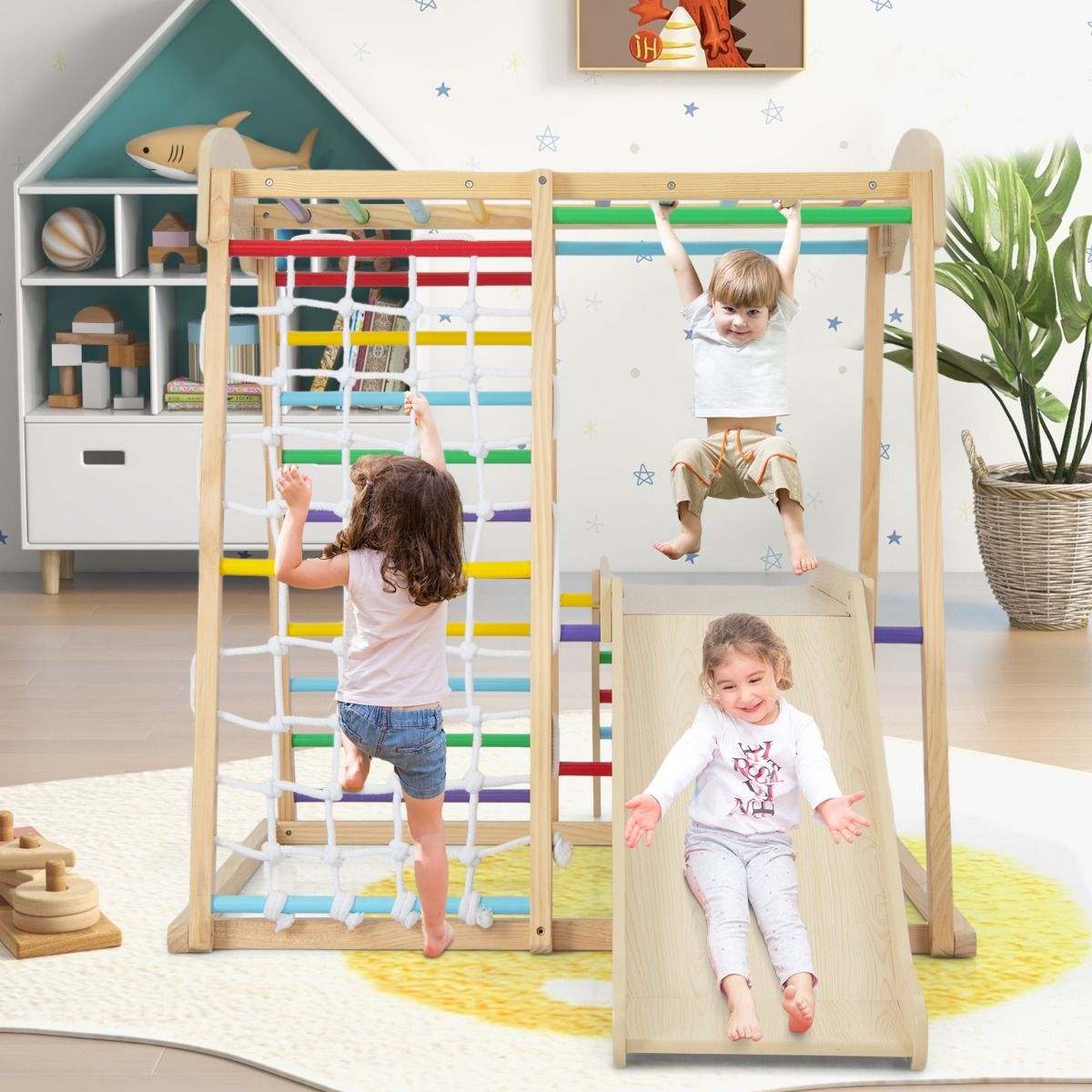 6 in 1 Wooden Climbing Triangle with Slide and Net Bar for Climbing, Crawling and Sliding 1 Year+ Colorful/Natural -