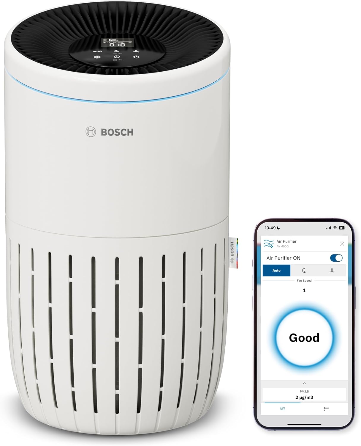 Bosch Air 4000i - Smart air purifier - Covers 62.5 m² - Effectively filters more than 99% of pollutants - Auto/Sleep mode (< 25 dB(A)) - CADR: 300 m³/h - Connectivity with screen and app