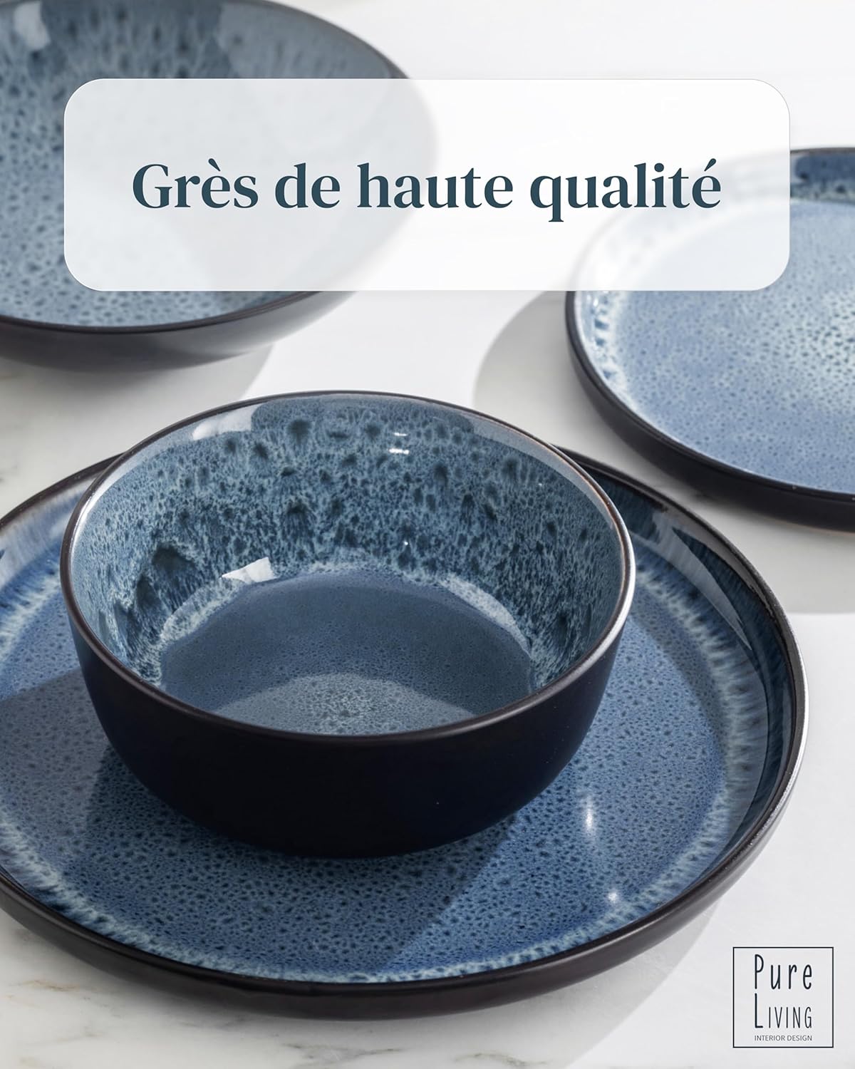 Ibiza Stoneware Dinnerware Set 36 Pieces – Dinnerware Set for 12 People, Dishwasher and Microwave Safe, Pure Living Smoked Blue, Dinner Service Plates