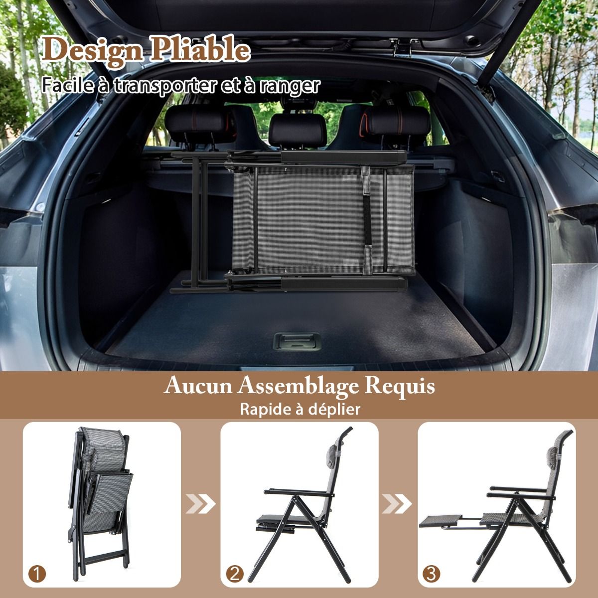 Set of 2 Folding and Reclining Lounge Chairs Adjustable Backrests and Armrests at 10 Levels Retractable Footrest Capacity 150 Kg Gray -