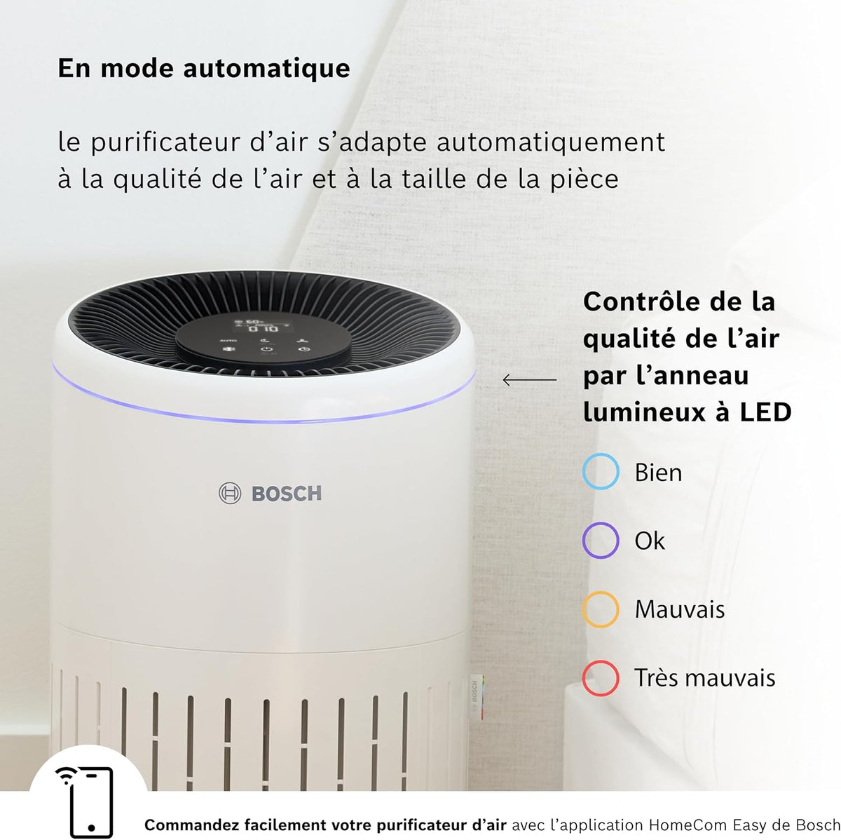 Bosch Air 4000i - Smart air purifier - Covers 62.5 m² - Effectively filters more than 99% of pollutants - Auto/Sleep mode (< 25 dB(A)) - CADR: 300 m³/h - Connectivity with screen and app