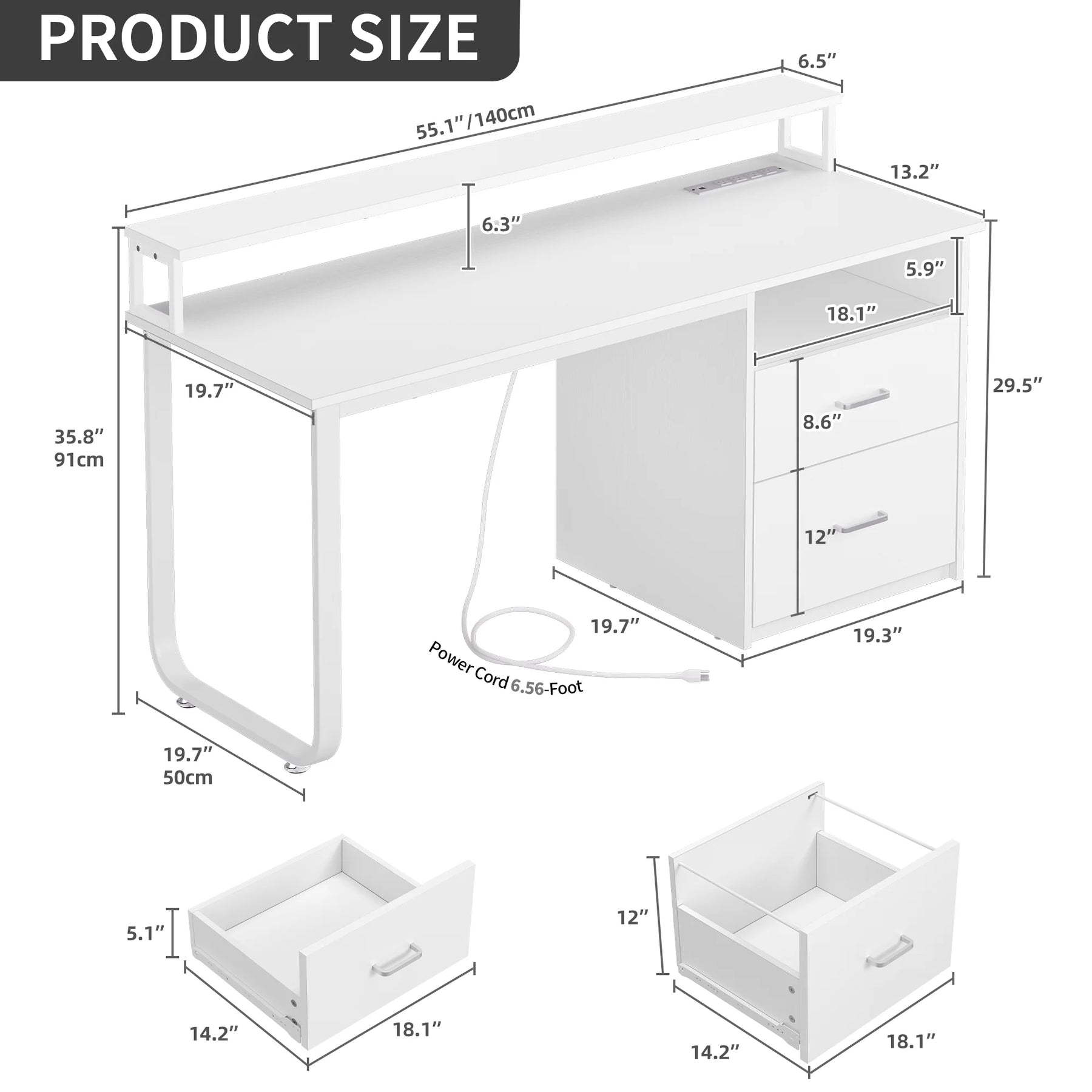Dextrus 47 in Computer Desk with Storage Drawers & LED Light, Office Desk with Monitor Stand & Power - Product image 18