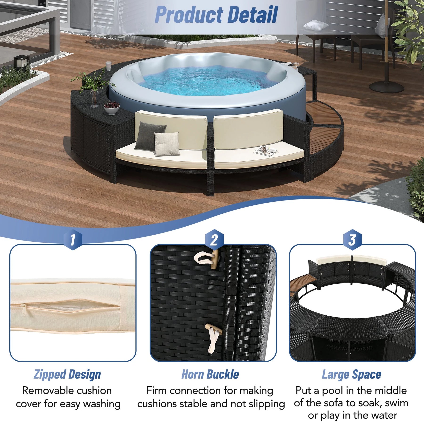 Round Hot Tub Surround Furniture, Spa Surround Outdoor Rattan Sectional Sofa Set with Mini Sofa - Product image 24