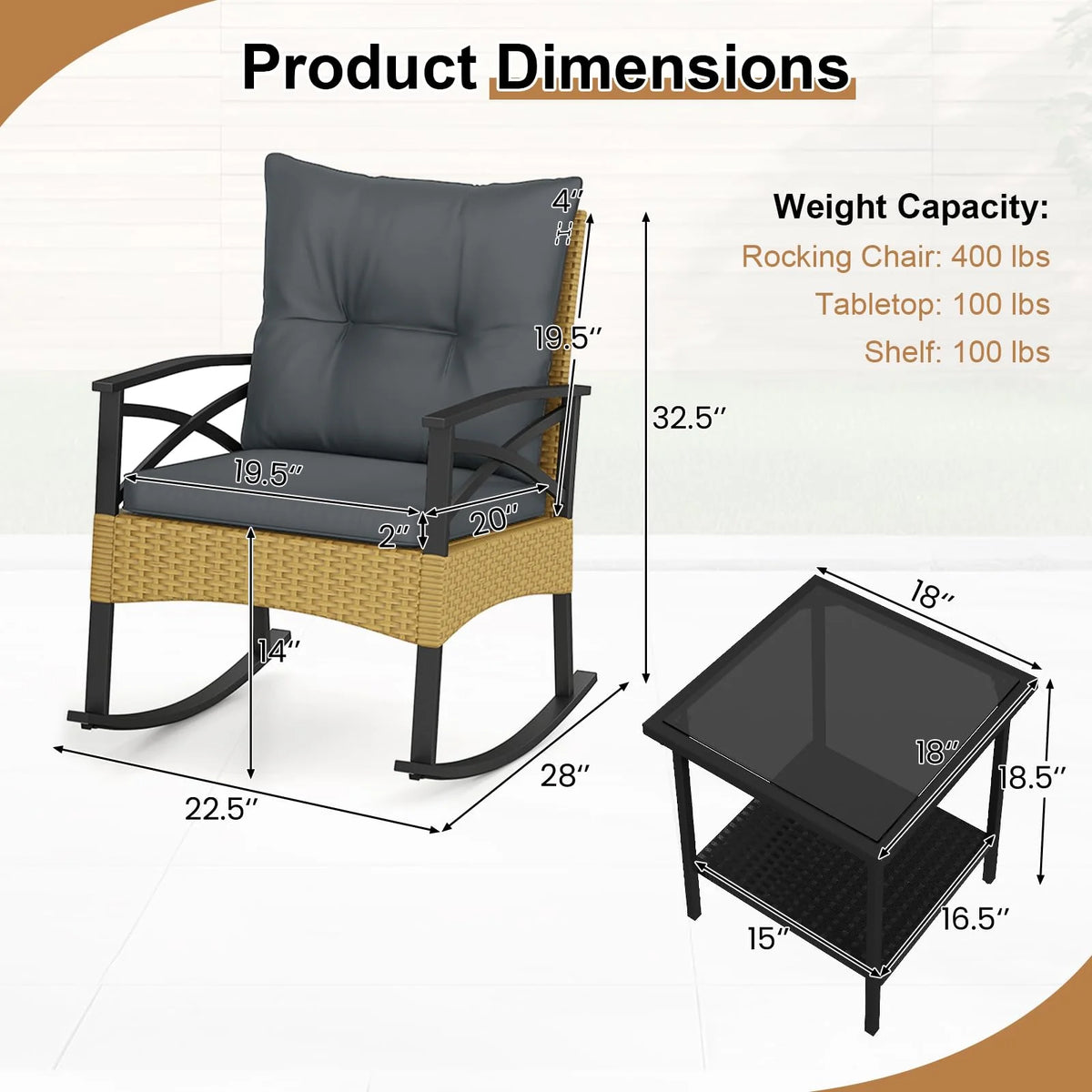 Tangkula 3 Pieces Outdoor Rocking Chairs Set for Garden - Product image 6