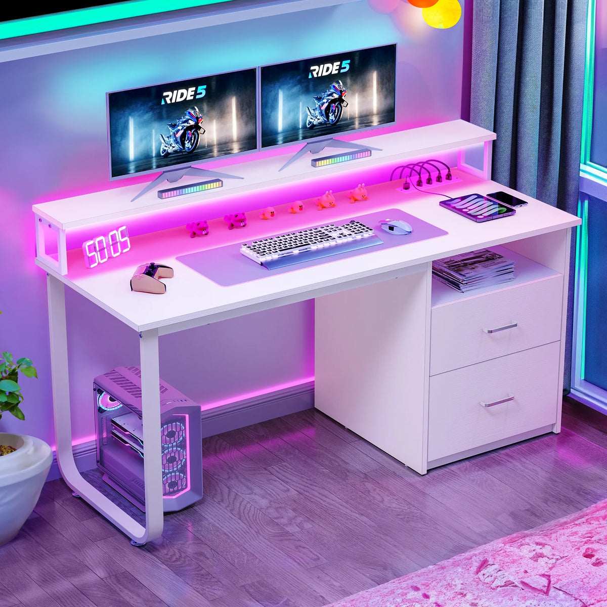 Dextrus 47 in Computer Desk with Storage Drawers & LED Light, Office Desk with Monitor Stand & Power - Product image 20