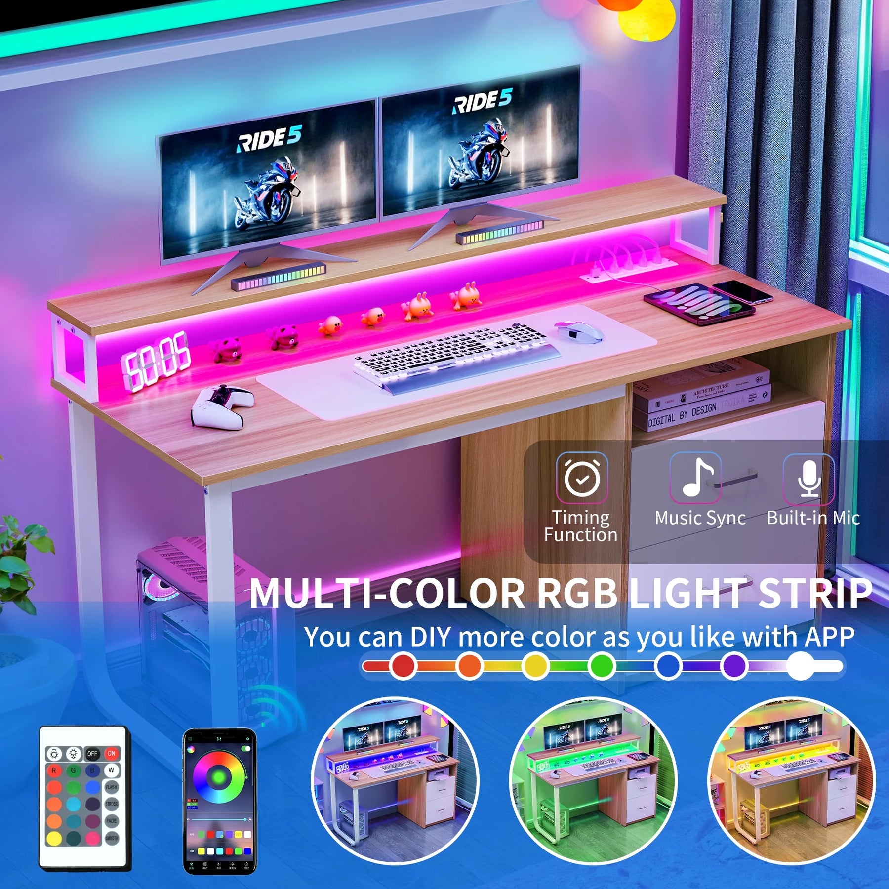 Dextrus 47 in Computer Desk with Storage Drawers & LED Light, Office Desk with Monitor Stand & Power - Product image 27