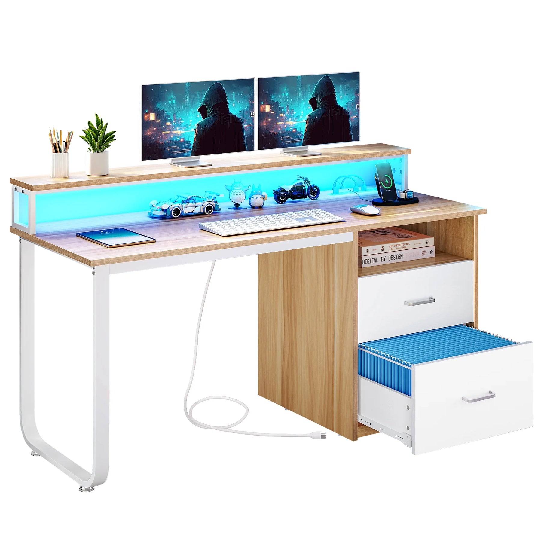 Dextrus 47 in Computer Desk with Storage Drawers & LED Light, Office Desk with Monitor Stand & Power - Product image 24