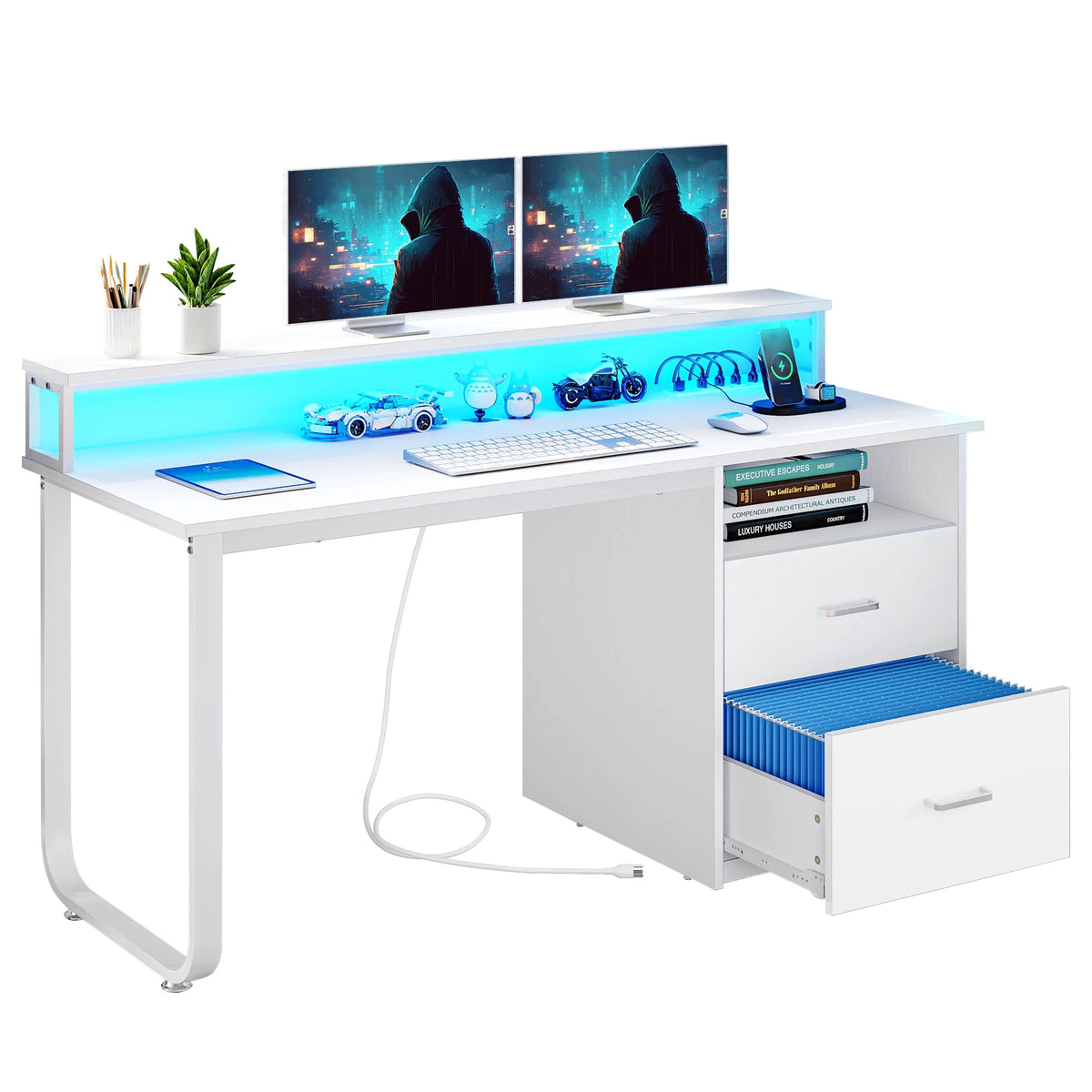 Dextrus 47 in Computer Desk with Storage Drawers & LED Light, Office Desk with Monitor Stand & Power - Product image 14
