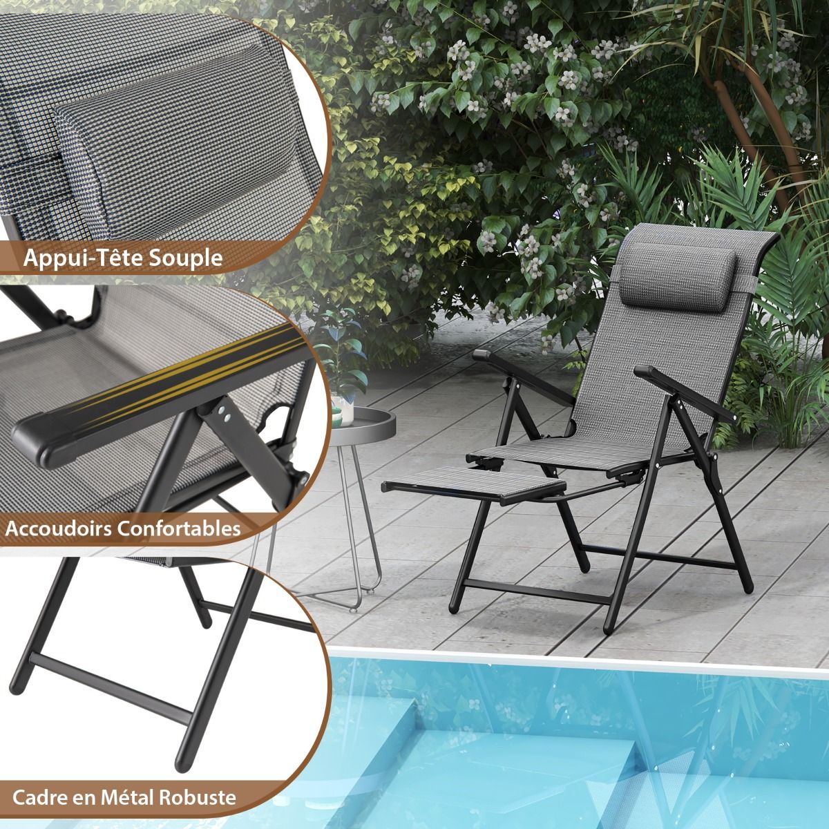 Set of 2 Folding and Reclining Lounge Chairs Adjustable Backrests and Armrests at 10 Levels Retractable Footrest Capacity 150 Kg Gray -