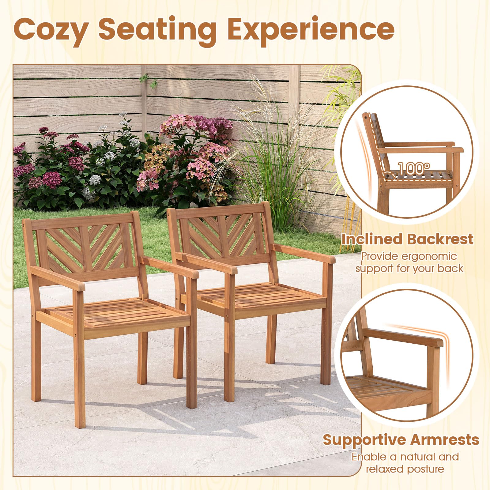 Tangkula Acacia Wood Patio Dining Chairs Set of 2/4 Heavy-Duty Wooden Armchairs for Porch - Product image 6