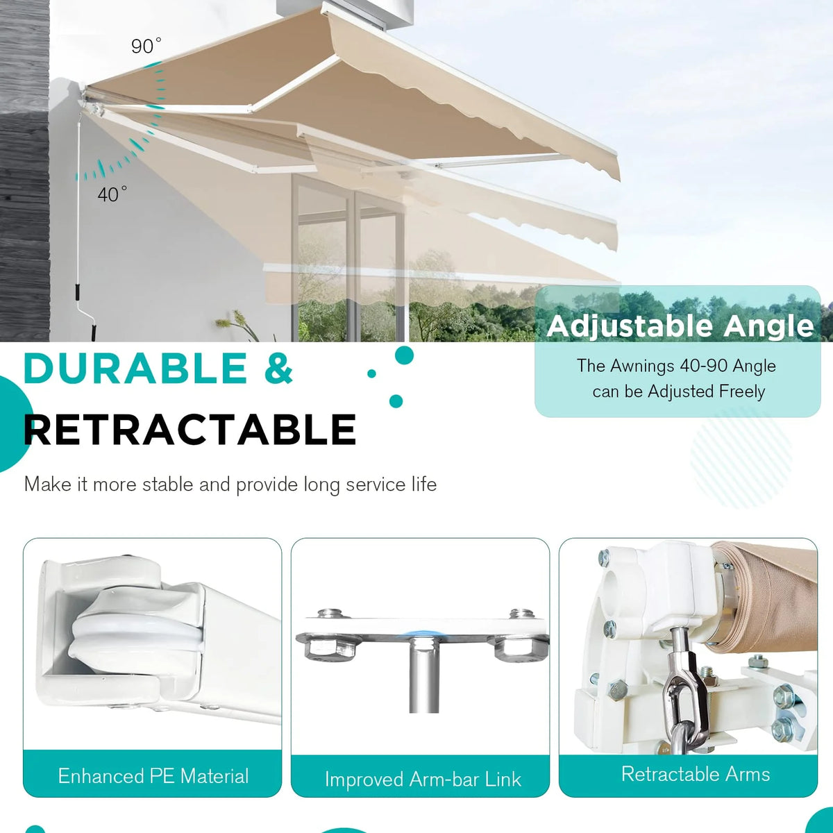 AECOJOY 16'x10' Manual Retractable Awning Sun Shade, Patio Awning Canopy - Product image 7